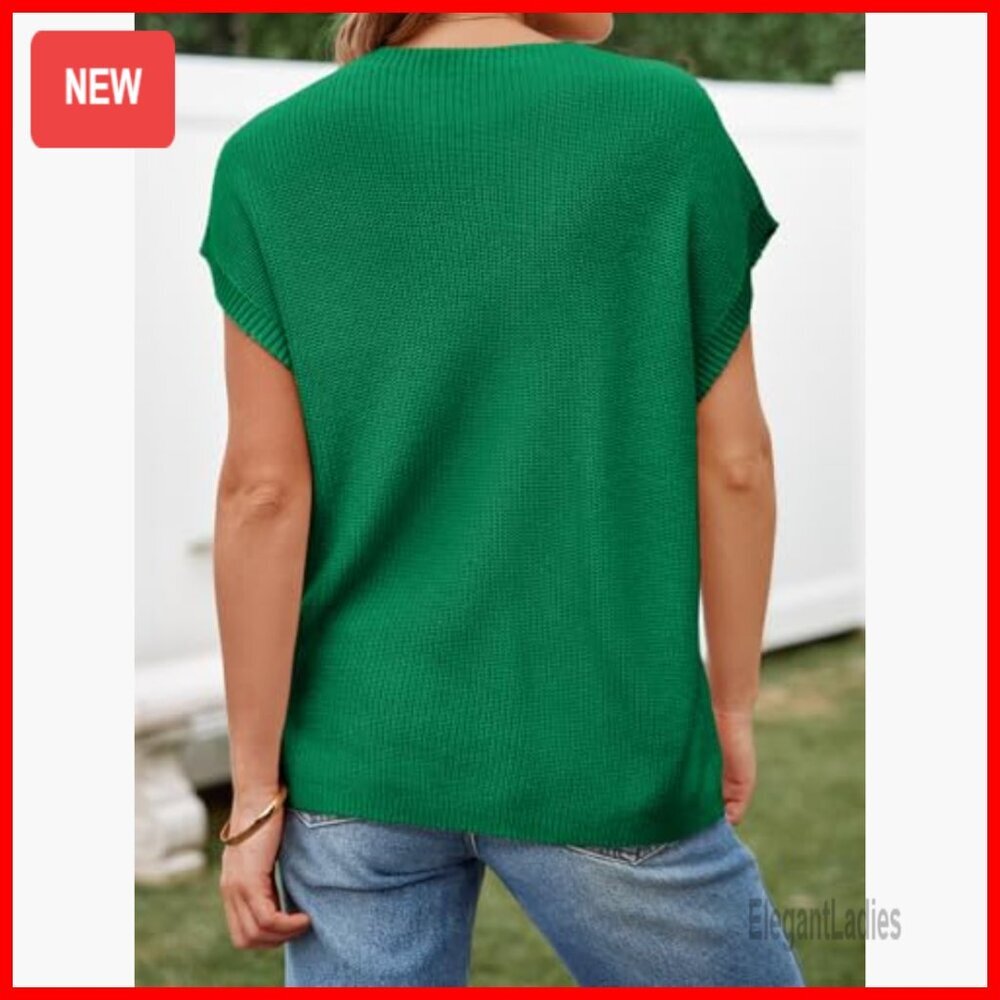 Short Sleeve Ribbed Knit Sweater Vest Crew Neck Pullover Top - Picture 4 of 7